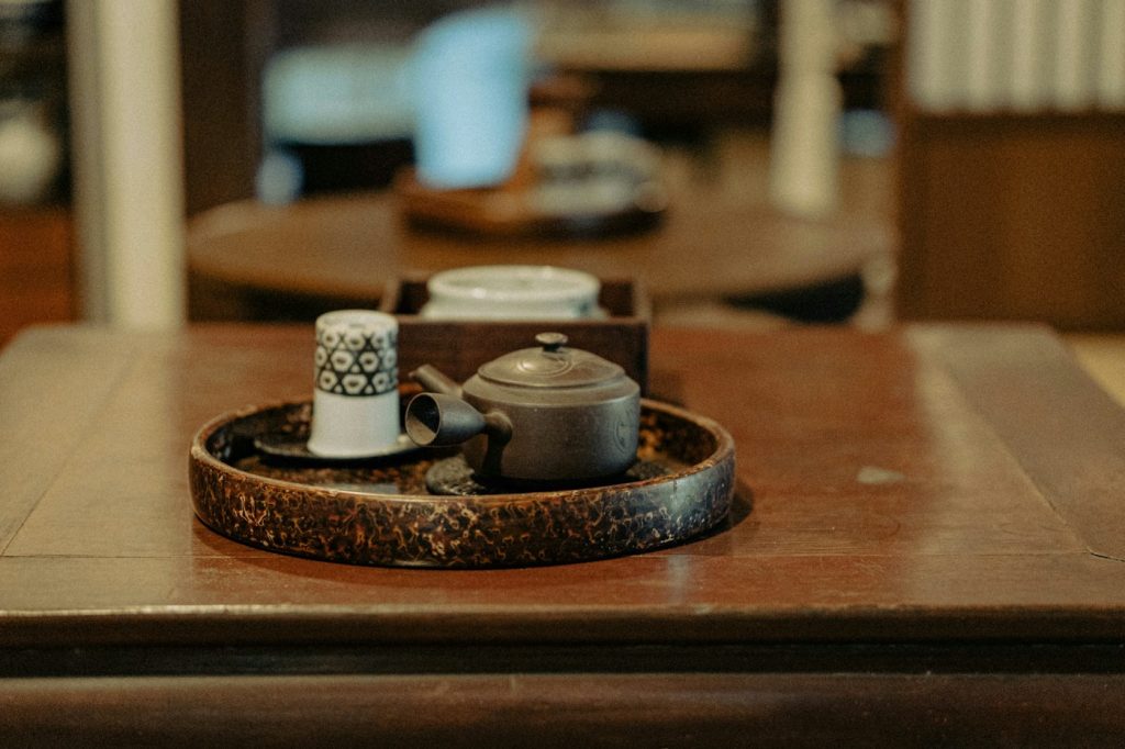 Ceramic tea set on a serving tray