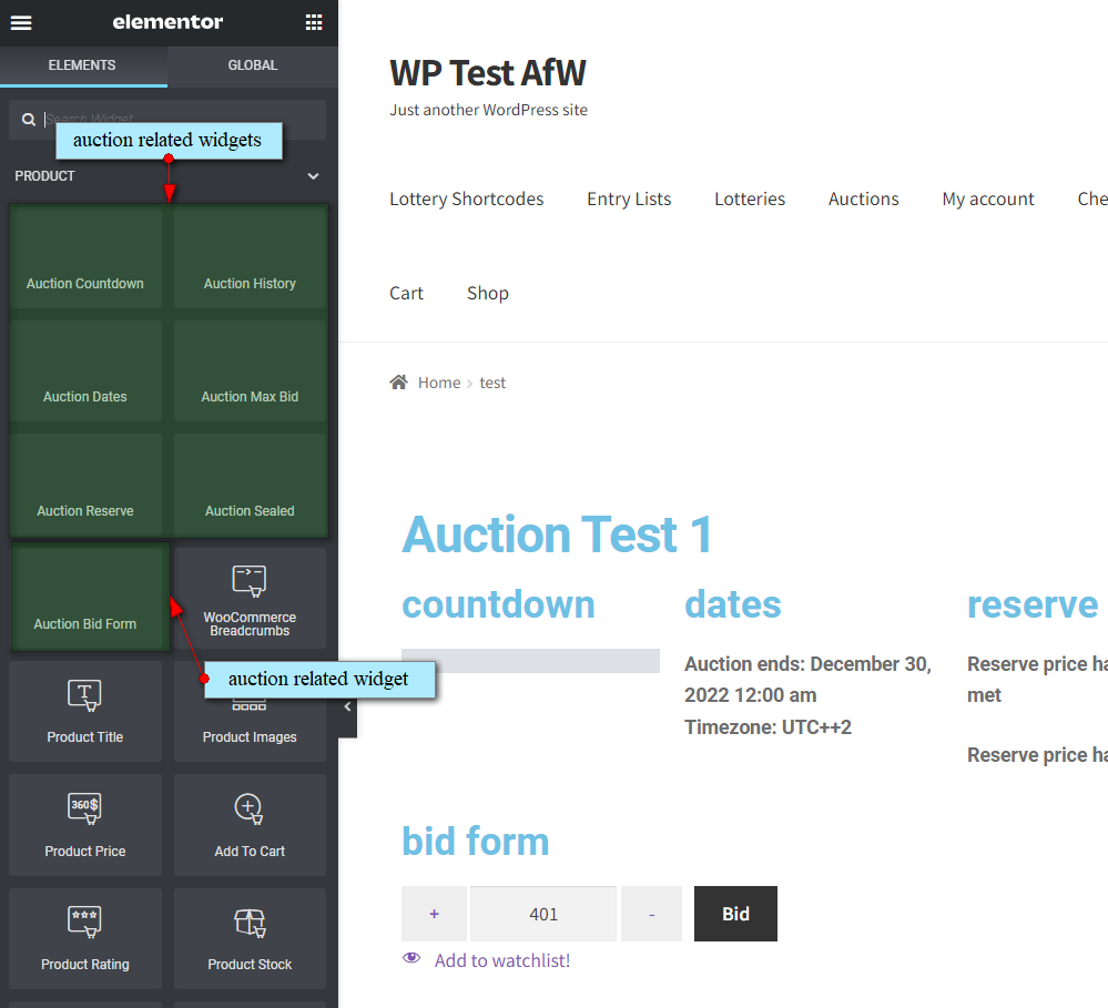 Auctions for WooCommerce - Elementor Support 2